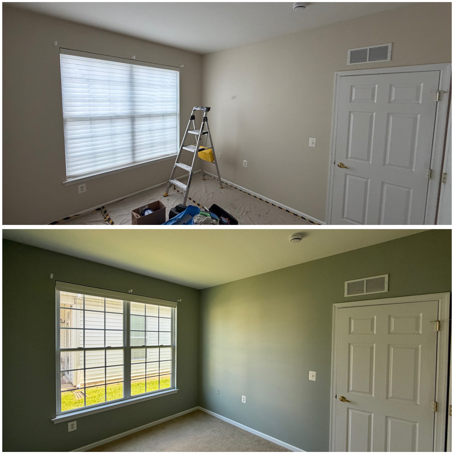 A bedroom before and after a fresh green paint job